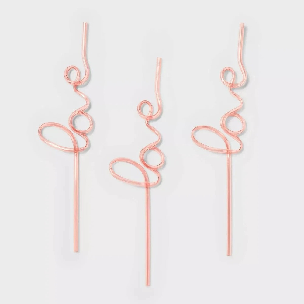 Spritz Heart Shaped Pink Love Script Straws 3ct Reusable Plastic Drinkware Party